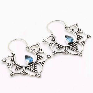 New Round Boho Gypsy Style Blue Quartz Silver Earrings.